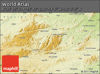 Physical Map of the Area around 8° 12' 42" S, 36° 28' 30" W