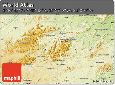 Physical Map of the Area around 8° 12' 42" S, 36° 28' 30" W