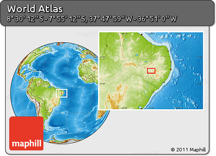 Physical Location Map of the Area around 8° 12' 42" S, 37° 19' 30" W