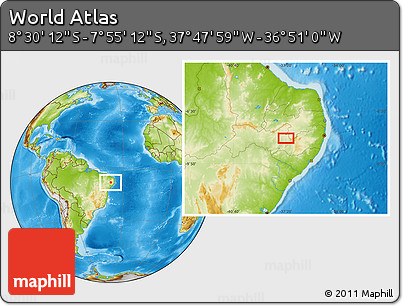 Physical Location Map of the Area around 8° 12' 42" S, 37° 19' 30" W