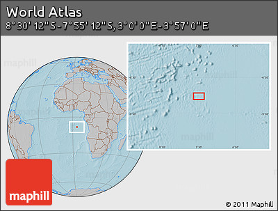 Gray Location Map of the Area around 8° 12' 42" S, 3° 28' 30" E, hill shading