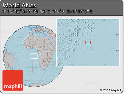 Gray Location Map of the Area around 8° 12' 42" S, 3° 28' 30" E, hill shading