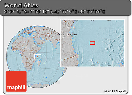 Gray Location Map of the Area around 8° 12' 42" S, 43° 25' 29" E, hill shading