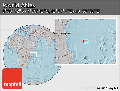 Gray Location Map of the Area around 8° 12' 42" S, 43° 25' 29" E, hill shading