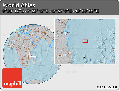 Gray Location Map of the Area around 8° 12' 42" S, 43° 25' 29" E, hill shading