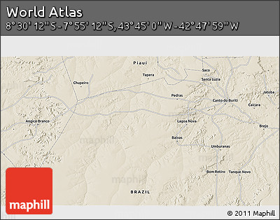 Shaded Relief 3D Map of the Area around 8° 12' 42" S, 43° 16' 29" W