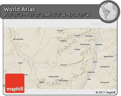 Shaded Relief 3D Map of the Area around 8° 12' 42" S, 44° 7' 30" W