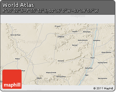 Shaded Relief 3D Map of the Area around 8° 12' 42" S, 44° 7' 30" W