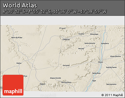 Shaded Relief 3D Map of the Area around 8° 12' 42" S, 44° 7' 30" W