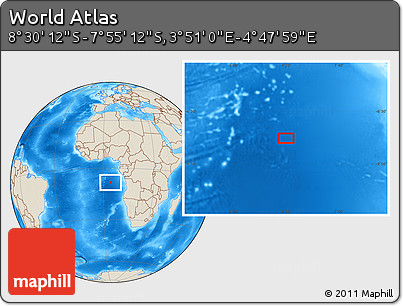 Shaded Relief Location Map of the Area around 8° 12' 42" S, 4° 19' 30" E