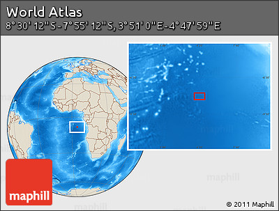 Shaded Relief Location Map of the Area around 8° 12' 42" S, 4° 19' 30" E