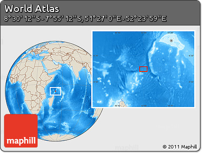 Shaded Relief Location Map of the Area around 8° 12' 42" S, 51° 55' 29" E