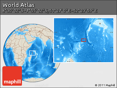 Shaded Relief Location Map of the Area around 8° 12' 42" S, 51° 55' 29" E