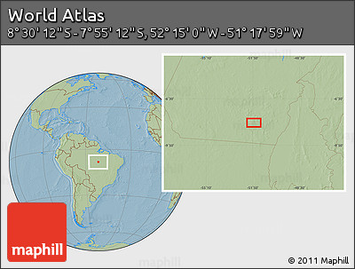 Savanna Style Location Map of the Area around 8° 12' 42" S, 51° 46' 29" W, hill shading