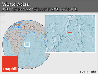 Gray Location Map of the Area around 8° 12' 42" S, 53° 37' 30" E, hill shading