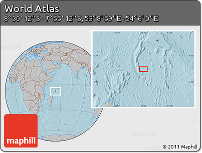 Gray Location Map of the Area around 8° 12' 42" S, 53° 37' 30" E, hill shading