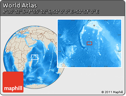 Shaded Relief Location Map of the Area around 8° 12' 42" S, 54° 28' 30" E