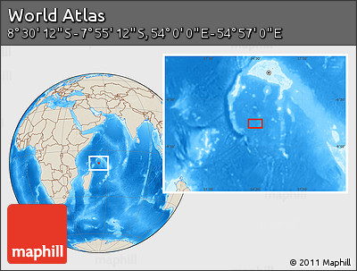 Shaded Relief Location Map of the Area around 8° 12' 42" S, 54° 28' 30" E
