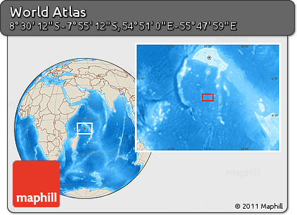 Shaded Relief Location Map of the Area around 8° 12' 42" S, 55° 19' 30" E