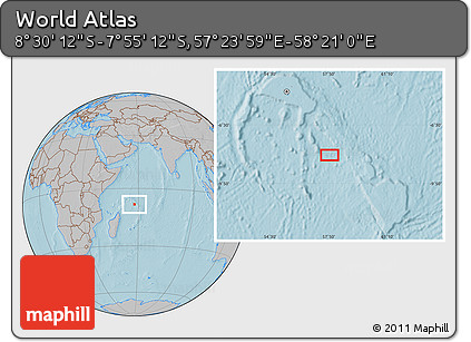 Gray Location Map of the Area around 8° 12' 42" S, 57° 52' 30" E, hill shading