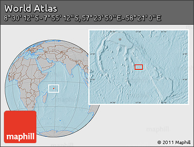 Gray Location Map of the Area around 8° 12' 42" S, 57° 52' 30" E, hill shading