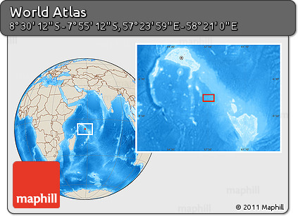 Shaded Relief Location Map of the Area around 8° 12' 42" S, 57° 52' 30" E