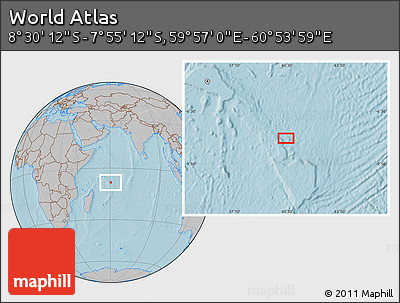 Gray Location Map of the Area around 8° 12' 42" S, 60° 25' 29" E, hill shading