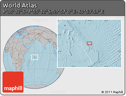 Gray Location Map of the Area around 8° 12' 42" S, 60° 25' 29" E, hill shading