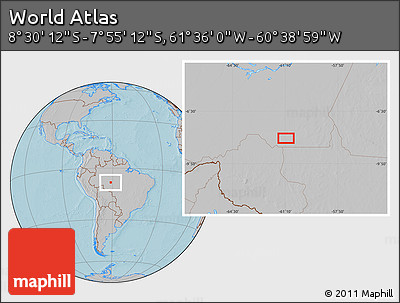 Gray Location Map of the Area around 8° 12' 42" S, 61° 7' 30" W, hill shading