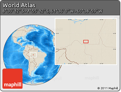 Shaded Relief Location Map of the Area around 8° 12' 42" S, 61° 7' 30" W