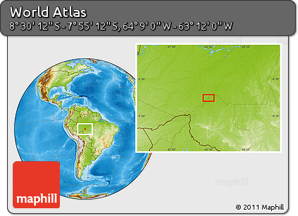 Physical Location Map of the Area around 8° 12' 42" S, 63° 40' 30" W