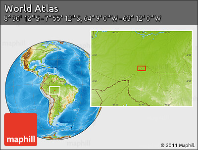 Physical Location Map of the Area around 8° 12' 42" S, 63° 40' 30" W