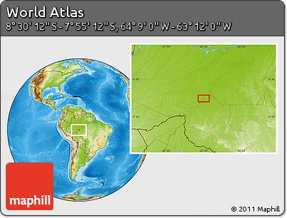Physical Location Map of the Area around 8° 12' 42" S, 63° 40' 30" W