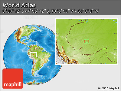 Physical Location Map of the Area around 8° 12' 42" S, 69° 37' 30" W
