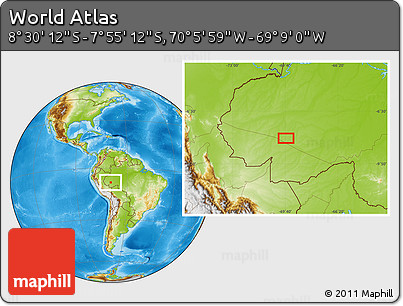 Physical Location Map of the Area around 8° 12' 42" S, 69° 37' 30" W