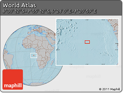 Gray Location Map of the Area around 8° 12' 42" S, 6° 52' 30" E, hill shading