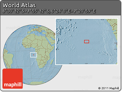Savanna Style Location Map of the Area around 8° 12' 42" S, 6° 52' 30" E, hill shading