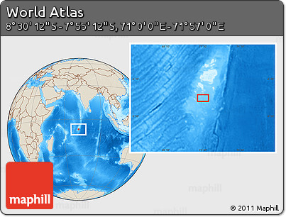 Shaded Relief Location Map of the Area around 8° 12' 42" S, 71° 28' 29" E