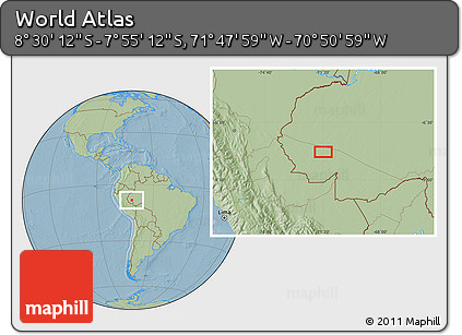 Savanna Style Location Map of the Area around 8° 12' 42" S, 71° 19' 29" W, hill shading