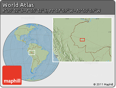 Savanna Style Location Map of the Area around 8° 12' 42" S, 71° 19' 29" W, hill shading