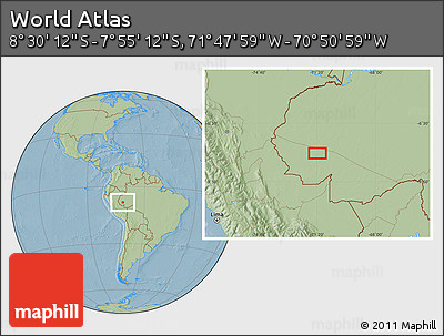 Savanna Style Location Map of the Area around 8° 12' 42" S, 71° 19' 29" W, hill shading