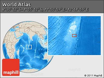 Shaded Relief Location Map of the Area around 8° 12' 42" S, 72° 19' 29" E