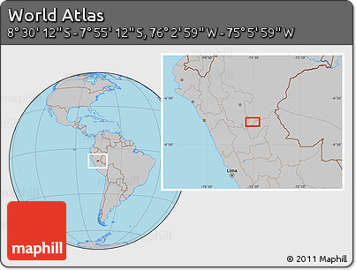 Gray Location Map of the Area around 8° 12' 42" S, 75° 34' 29" W