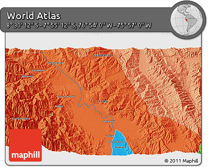 Political 3D Map of the Area around 8° 12' 42" S, 76° 25' 30" W