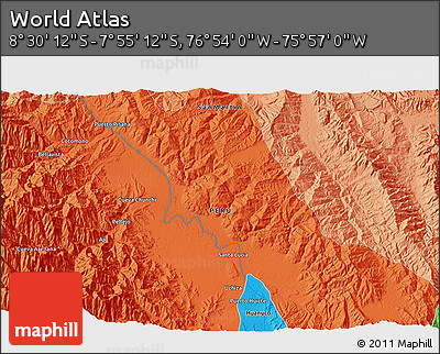 Political 3D Map of the Area around 8° 12' 42" S, 76° 25' 30" W