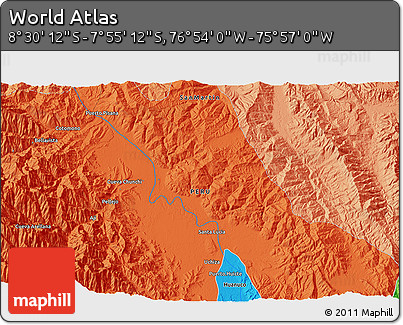 Political 3D Map of the Area around 8° 12' 42" S, 76° 25' 30" W