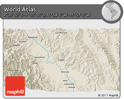 Shaded Relief 3D Map of the Area around 8° 12' 42" S, 76° 25' 30" W