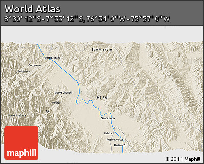 Shaded Relief 3D Map of the Area around 8° 12' 42" S, 76° 25' 30" W