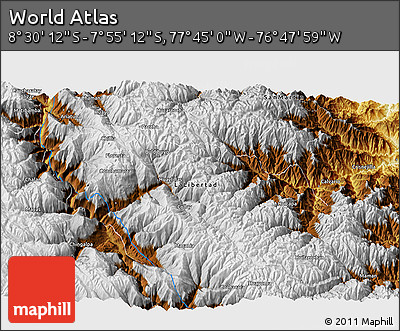 Physical 3D Map of the Area around 8° 12' 42" S, 77° 16' 30" W