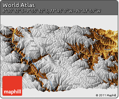 Physical 3D Map of the Area around 8° 12' 42" S, 77° 16' 30" W